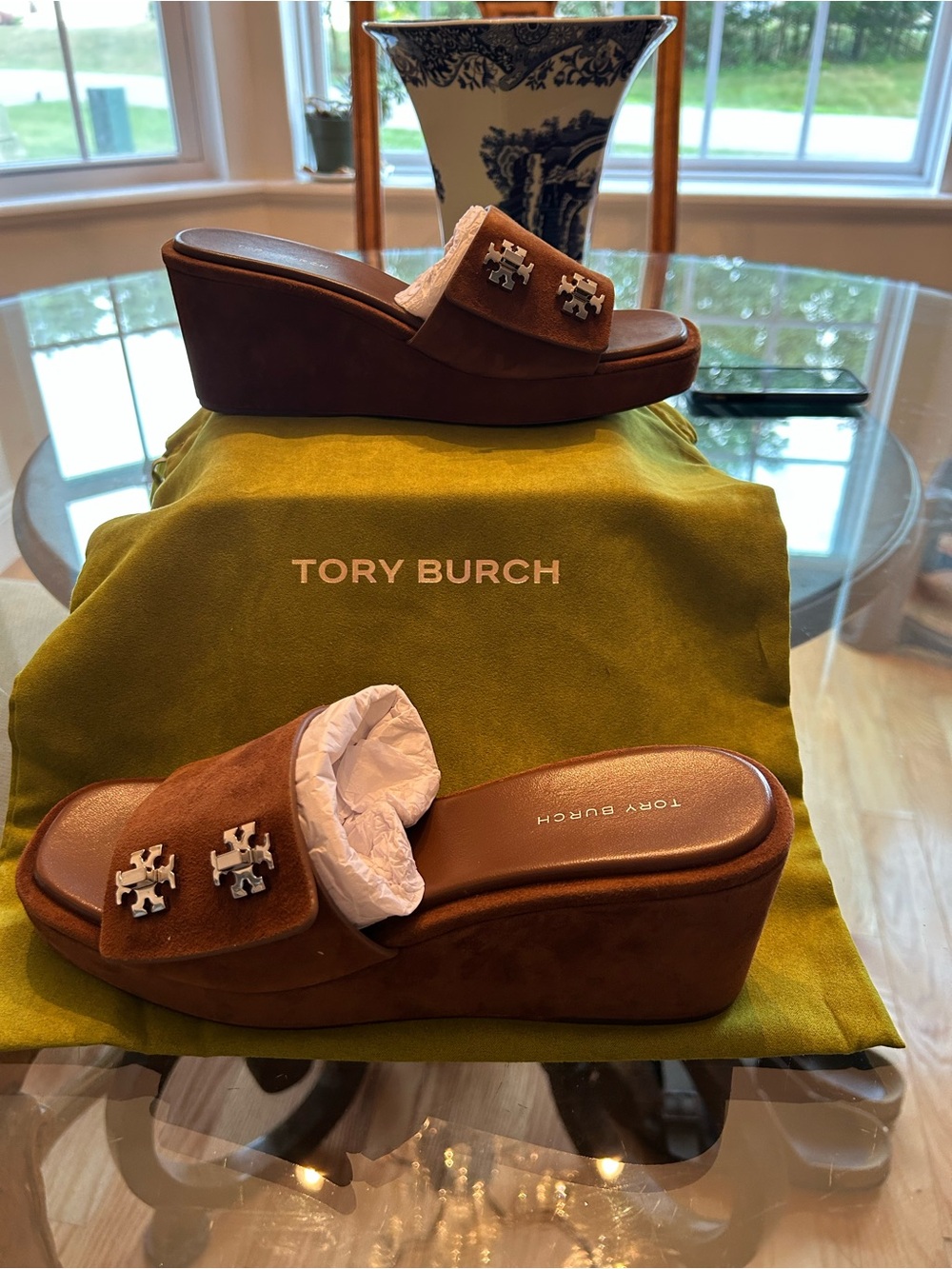 Tory Burch Cognac Turnlock Wedge Slide Sandal with Bag & Box Size 7 NWT - Picture 2 of 6